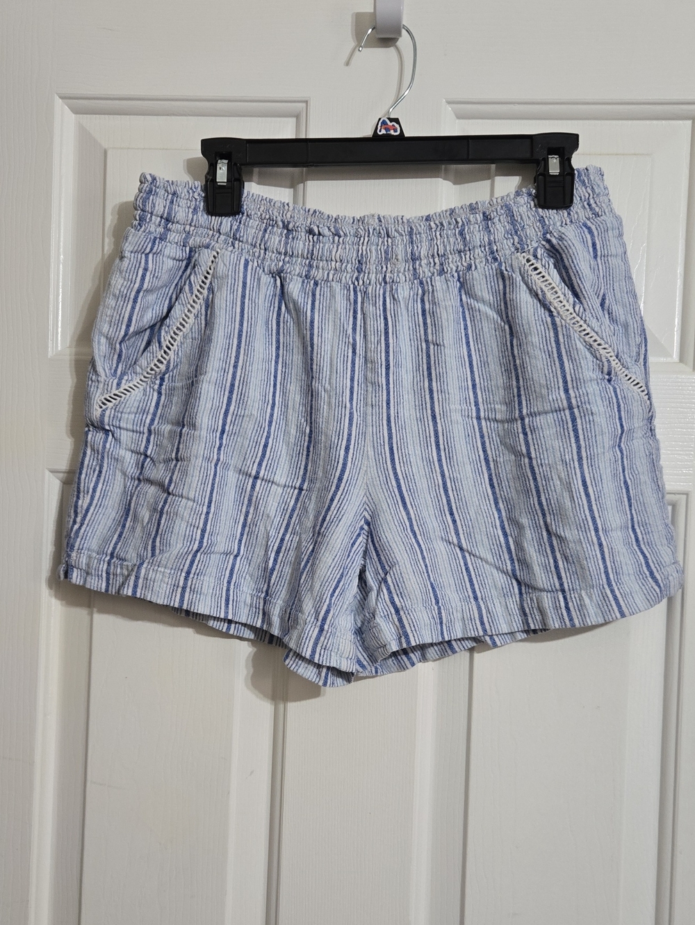 Briggs New York Linen Blend Blue and White Striped High Waist Smocked Shorts